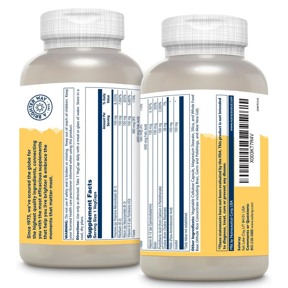 Solaray Vitamin B Complex capsules closeup showing vegan capsules