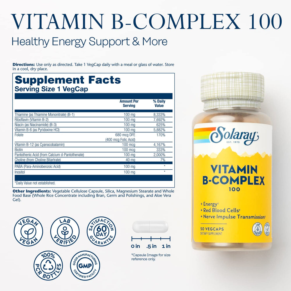 Solaray Vitamin B Complex capsules close-up highlighting vegan formula