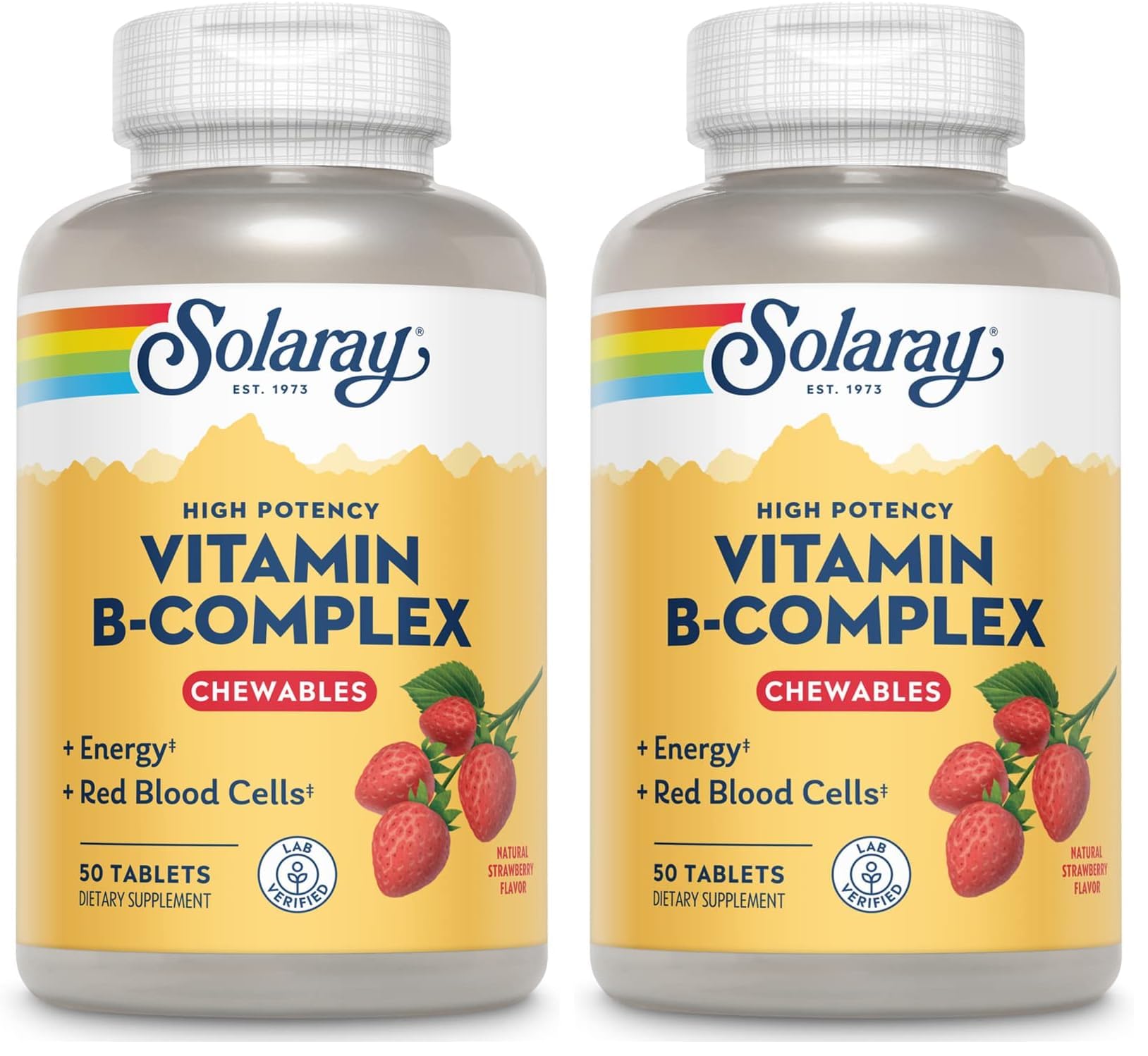 SOLARAY Vitamin B-Complex strawberry bottle front showing eco packaging and daily energy support.