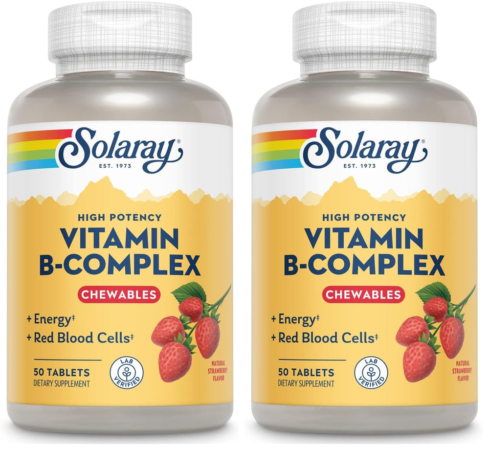 SOLARAY Vitamin B-Complex strawberry bottle front showing eco packaging and daily energy support.