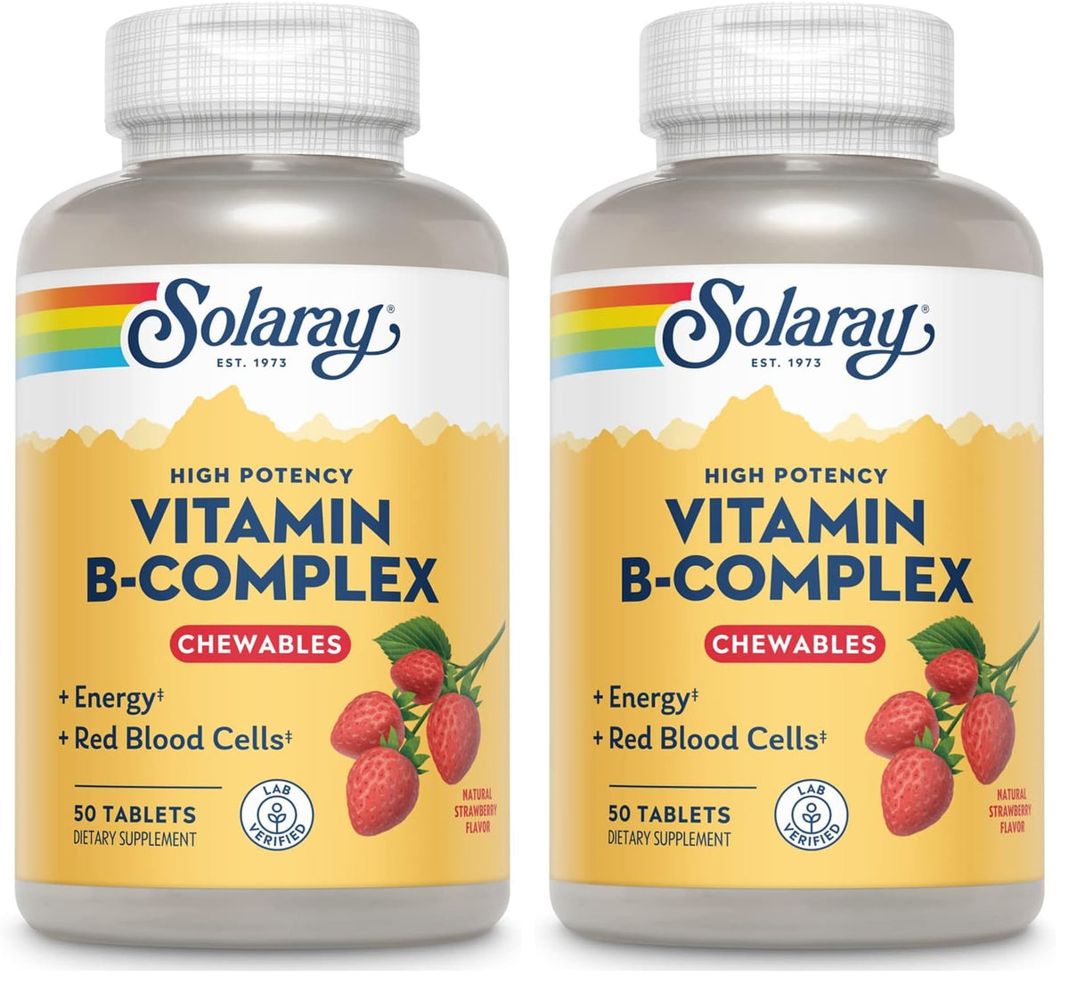 SOLARAY Vitamin B-Complex strawberry bottle front showing eco packaging and daily energy support.