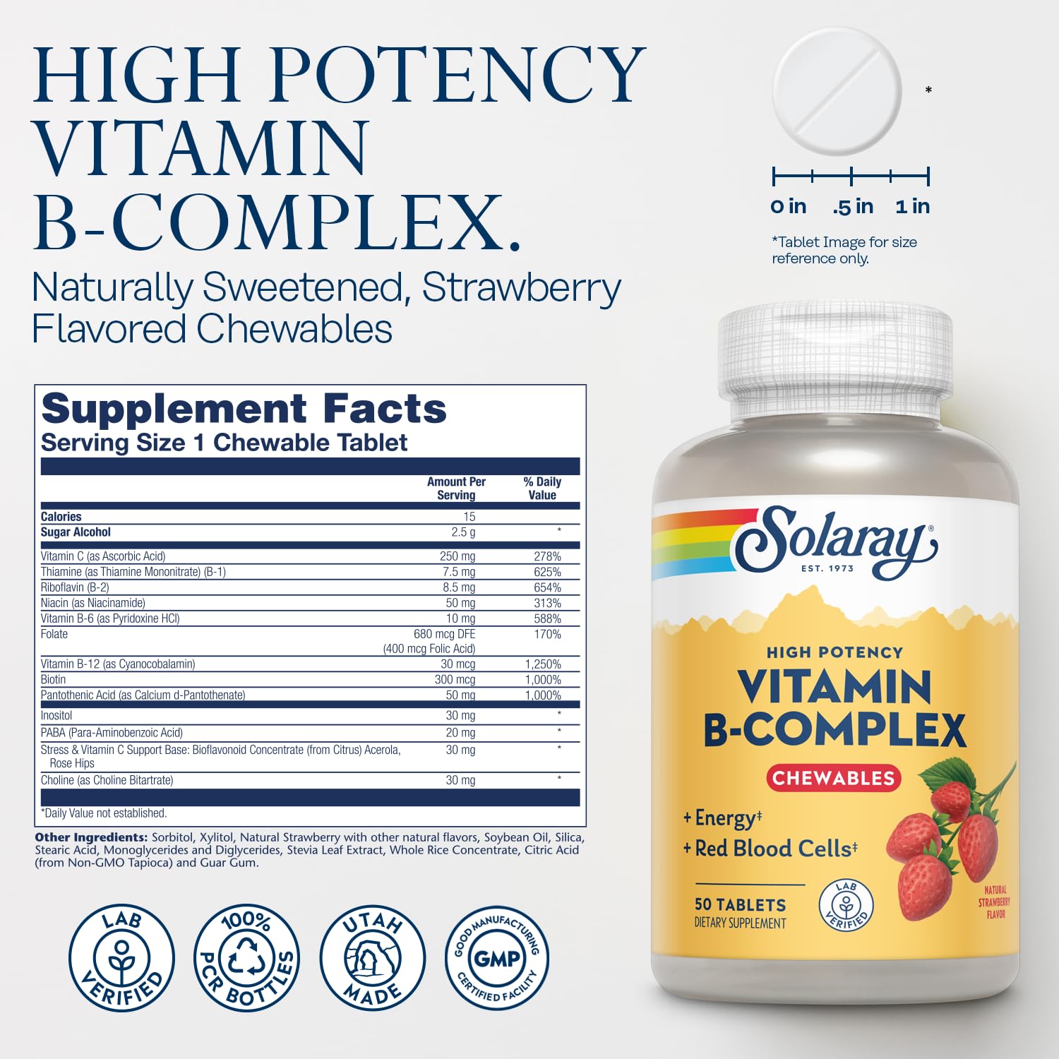 SOLARAY Vitamin B-Complex strawberry label closeup, highlighting potency and purity.