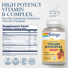 SOLARAY Vitamin B-Complex strawberry label closeup, highlighting potency and purity.