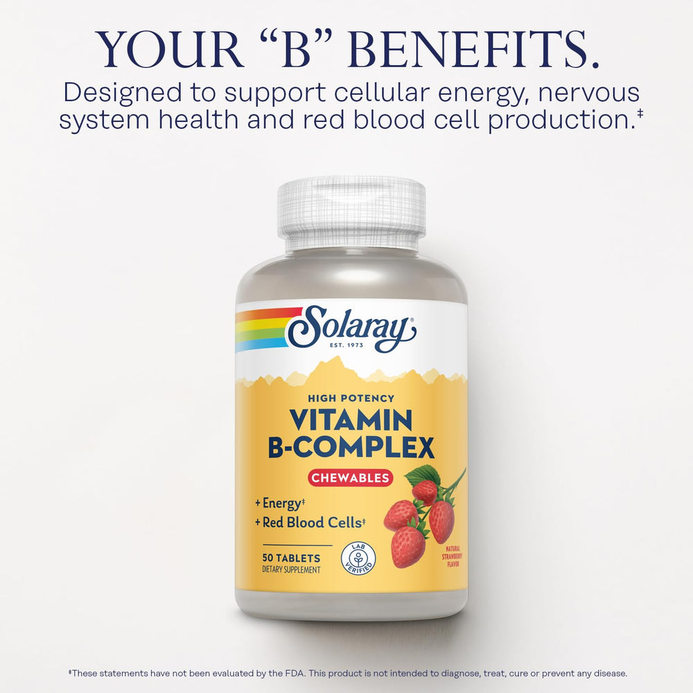 SOLARAY Vitamin B-Complex strawberry tablets close-up, convenient on-the-go use.