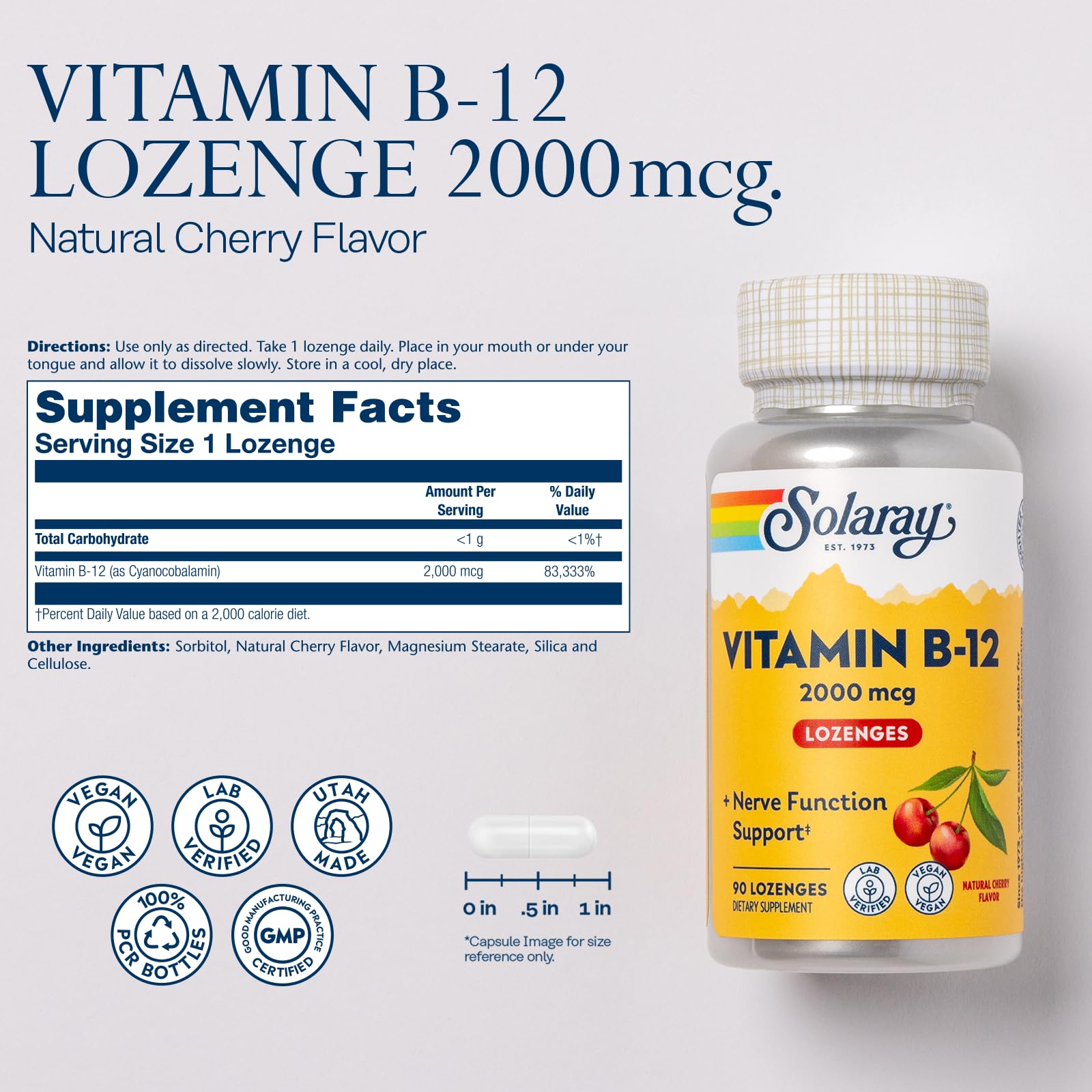 SOLARAY B12 lozenge cherry dissolves under tongue for convenient daily use.