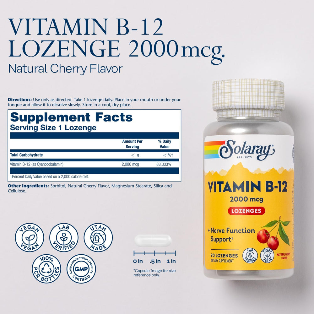 SOLARAY B12 lozenge cherry dissolves under tongue for convenient daily use.