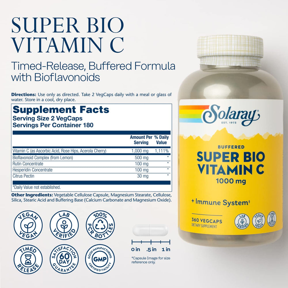 SOLARAY Vitamin C 1000mg capsules closeup demonstrates two-stage release concept for sustained availability.
