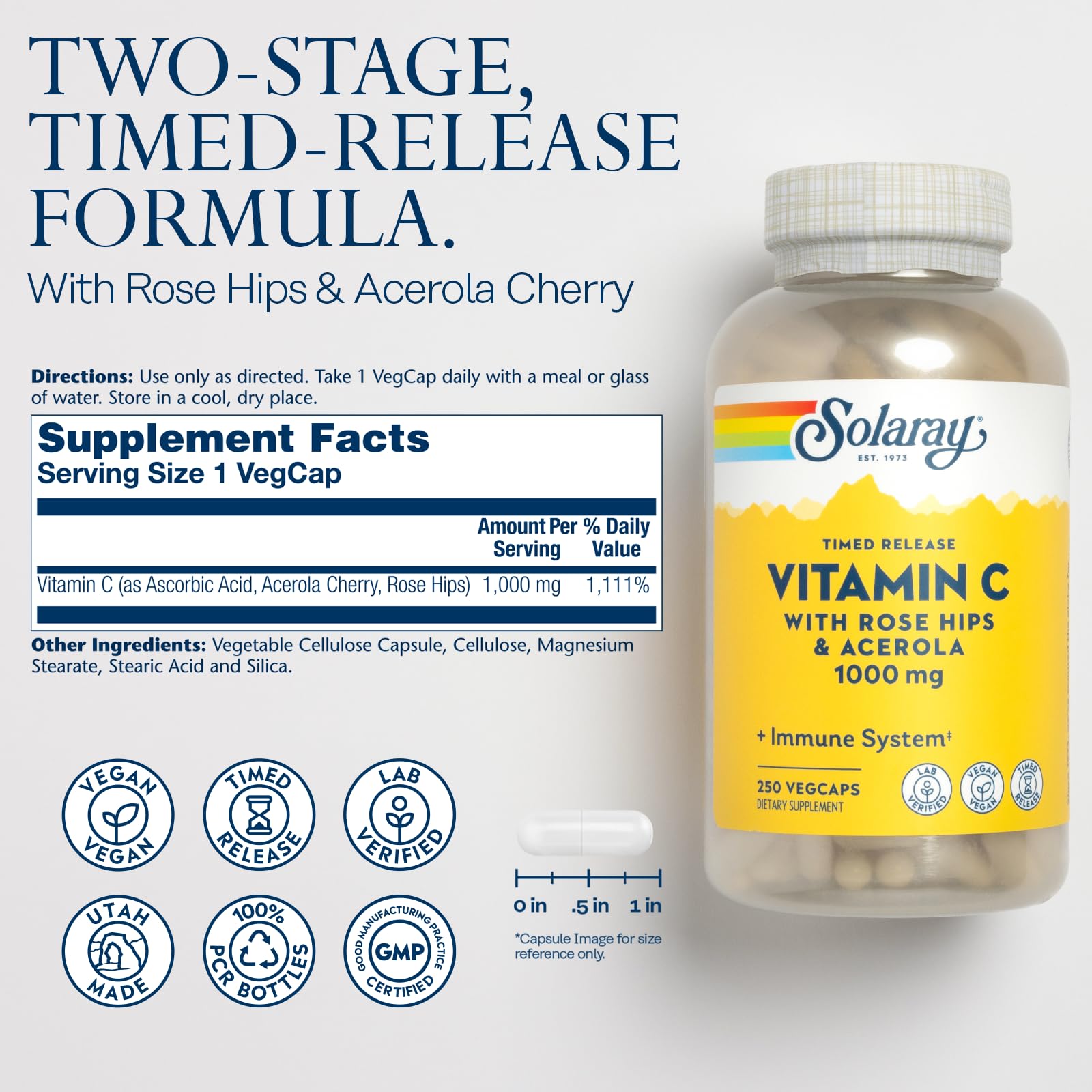 Close-up of SOLARAY Vitamin C 1000mg label showing two-stage release