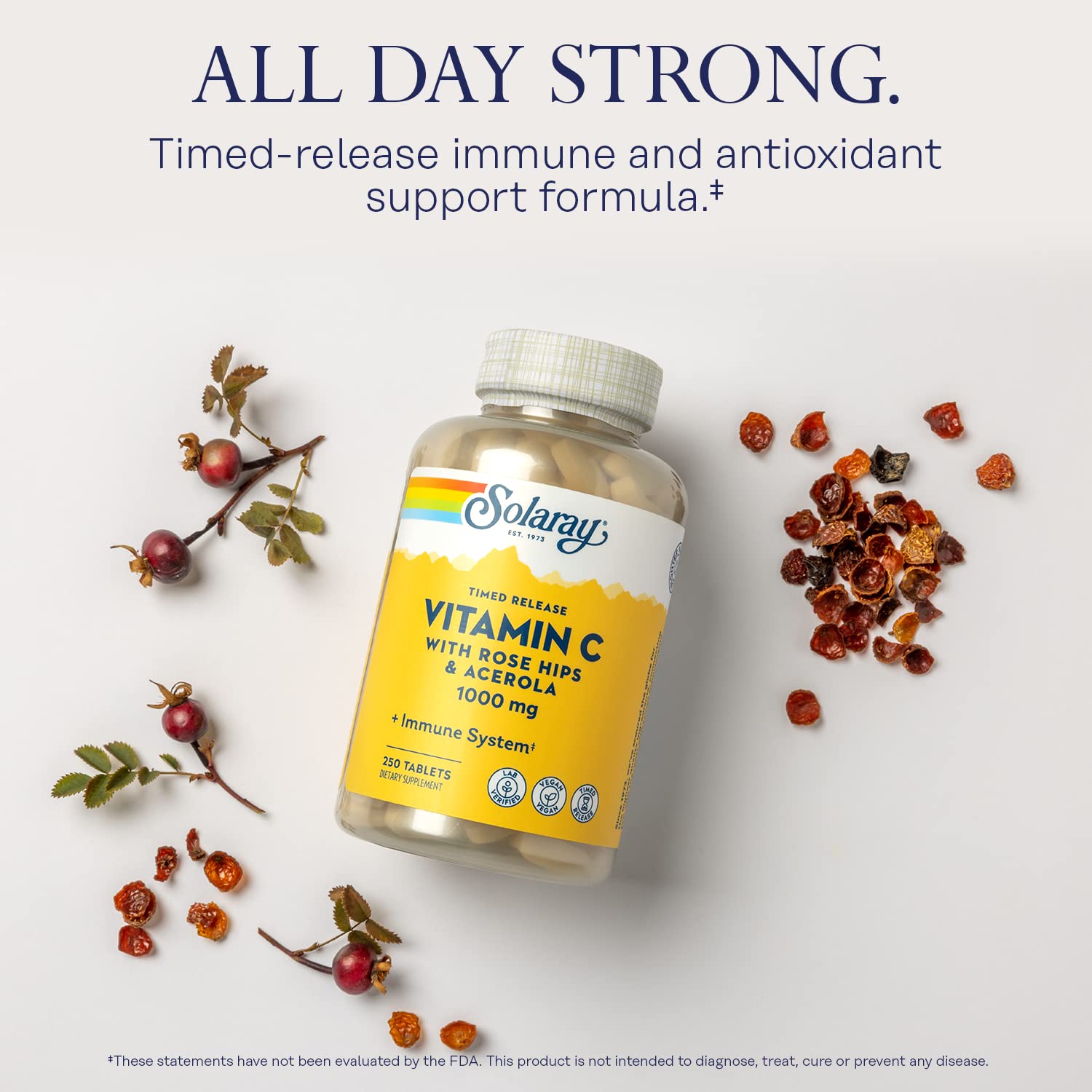 SOLARAY Vitamin C bottle close-up highlighting rose hips and acerola ingredients