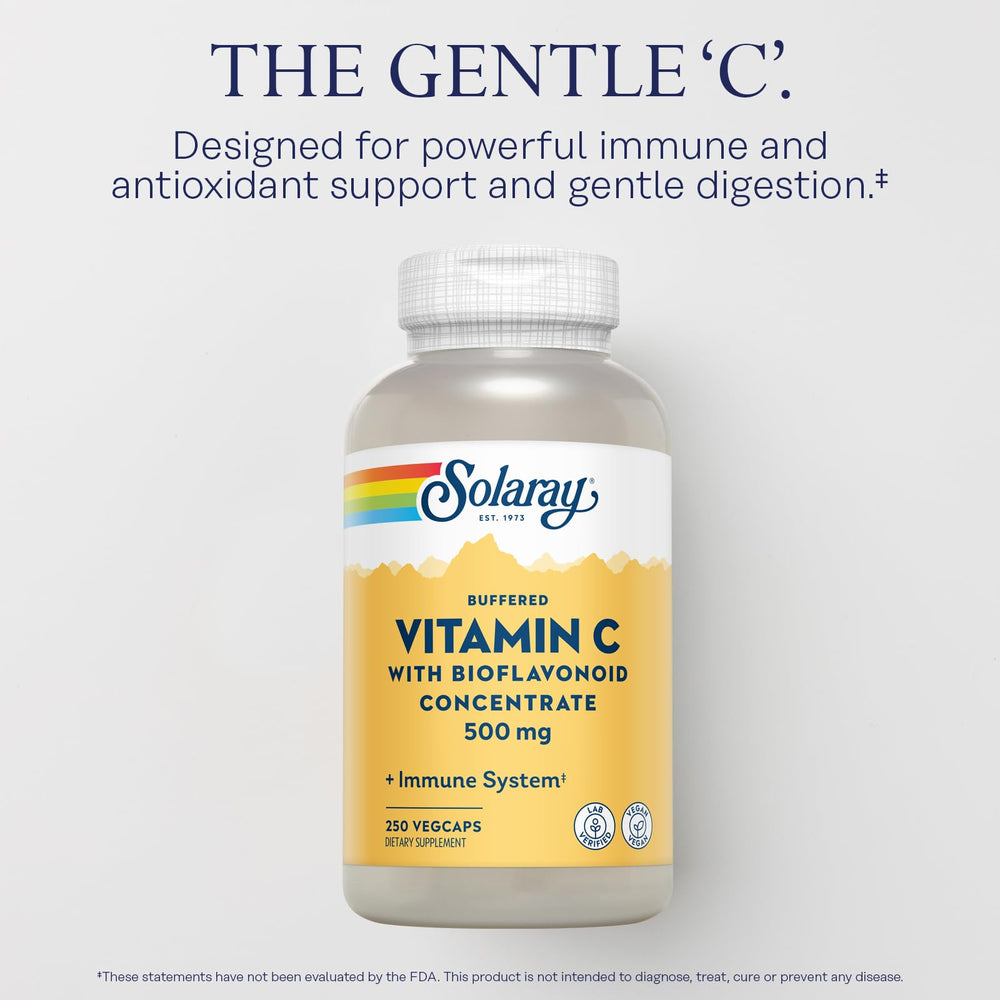 SOLARAY Vitamin C capsules being poured—buffered formula for gentle digestion.