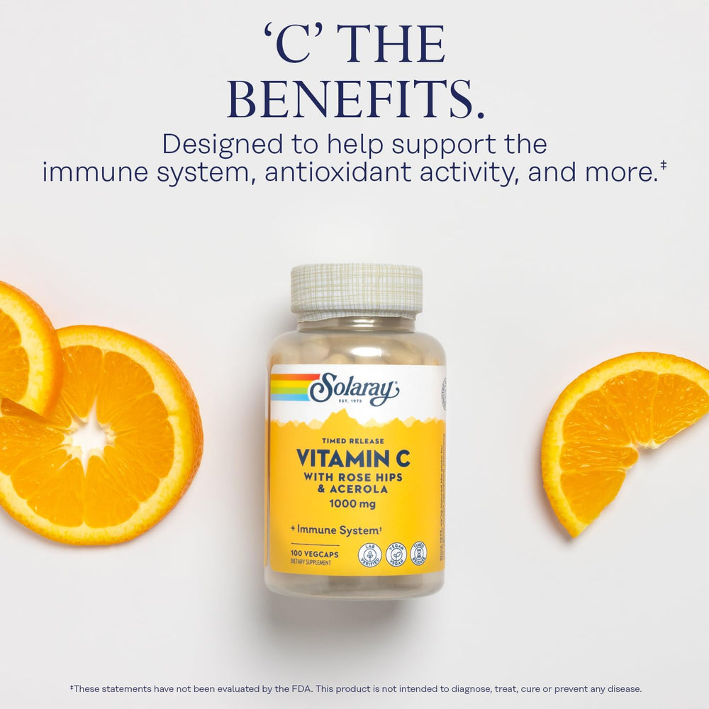 Solaray Vitamin C capsules in bottle showcasing time-release formula benefits