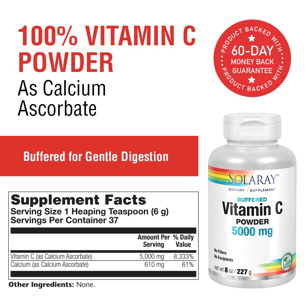 SOLARAY Vitamin C label close-up highlighting vegan, non-GMO, and purity