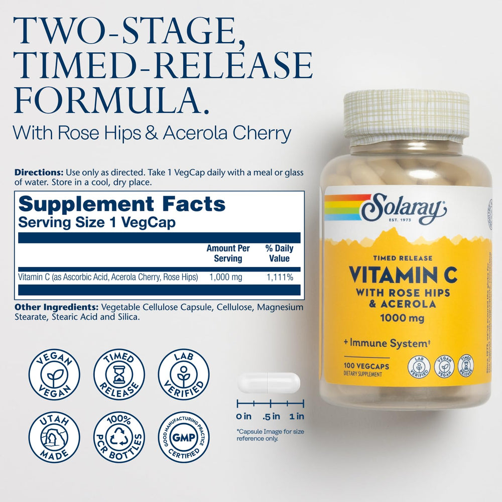 Solaray Vitamin C rose hips and acerola label close-up for bioflavonoids