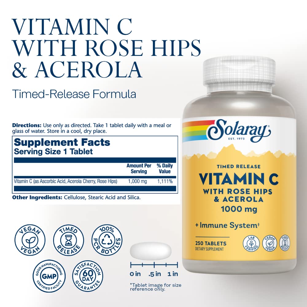 SOLARAY Vitamin C timed-release capsules shown in bottle for steady daily intake