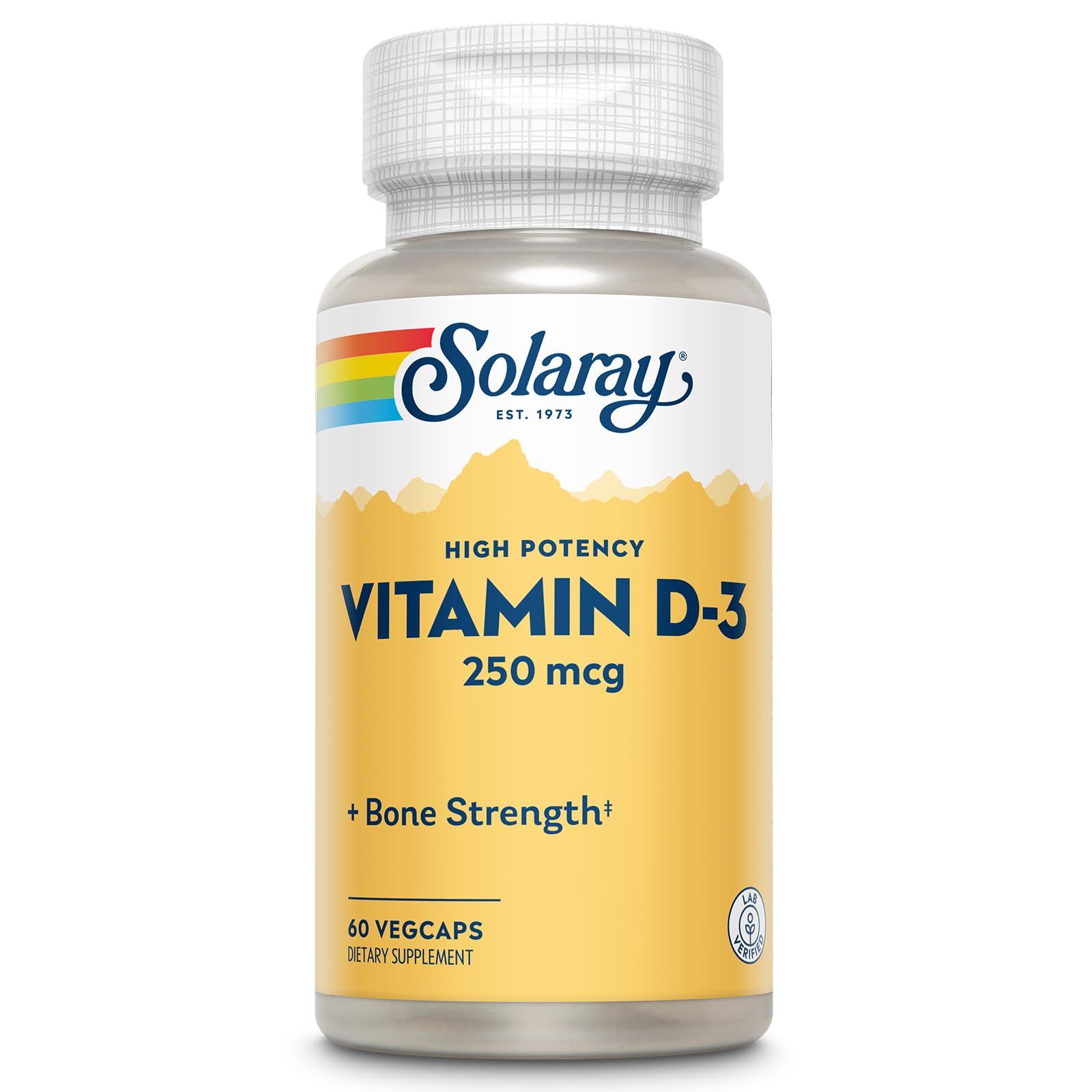 SOLARAY Vitamin D3 10000IU bottle cap highlighting high potency and easy daily use