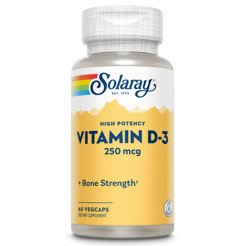 SOLARAY Vitamin D3 10000IU bottle cap highlighting high potency and easy daily use