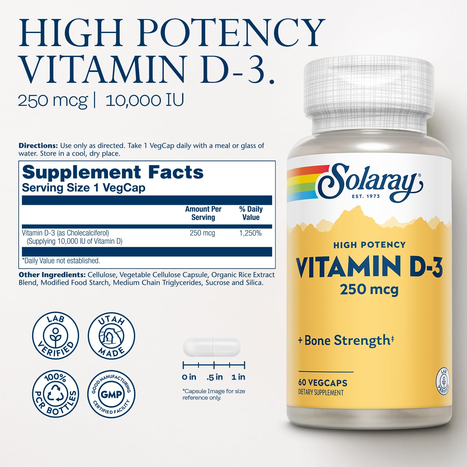 SOLARAY Vitamin D3 10000IU bottle label emphasizing potency and quality