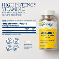 SOLARAY Vitamin E 1000 IU softgel close-up of the capsule's natural source d-alpha-tocopherol