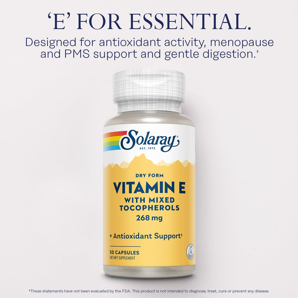 Bottle of SOLARAY Vitamin E with mixed tocopherols indicating broad antioxidant activity.