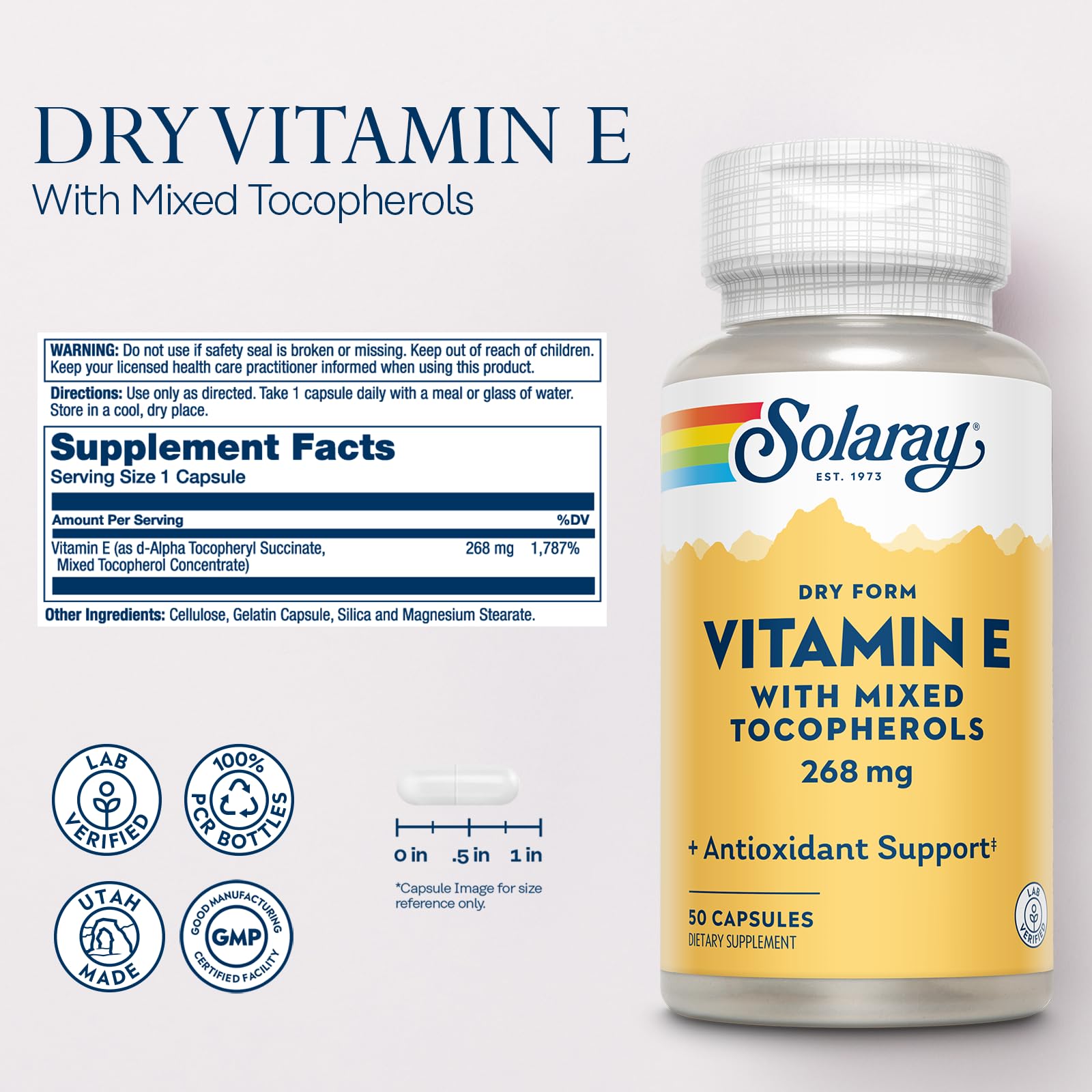 SOLARAY Vitamin E 400 IU dry-form capsules pictured for overall wellness use.