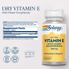 SOLARAY Vitamin E 400 IU dry-form capsules pictured for overall wellness use.
