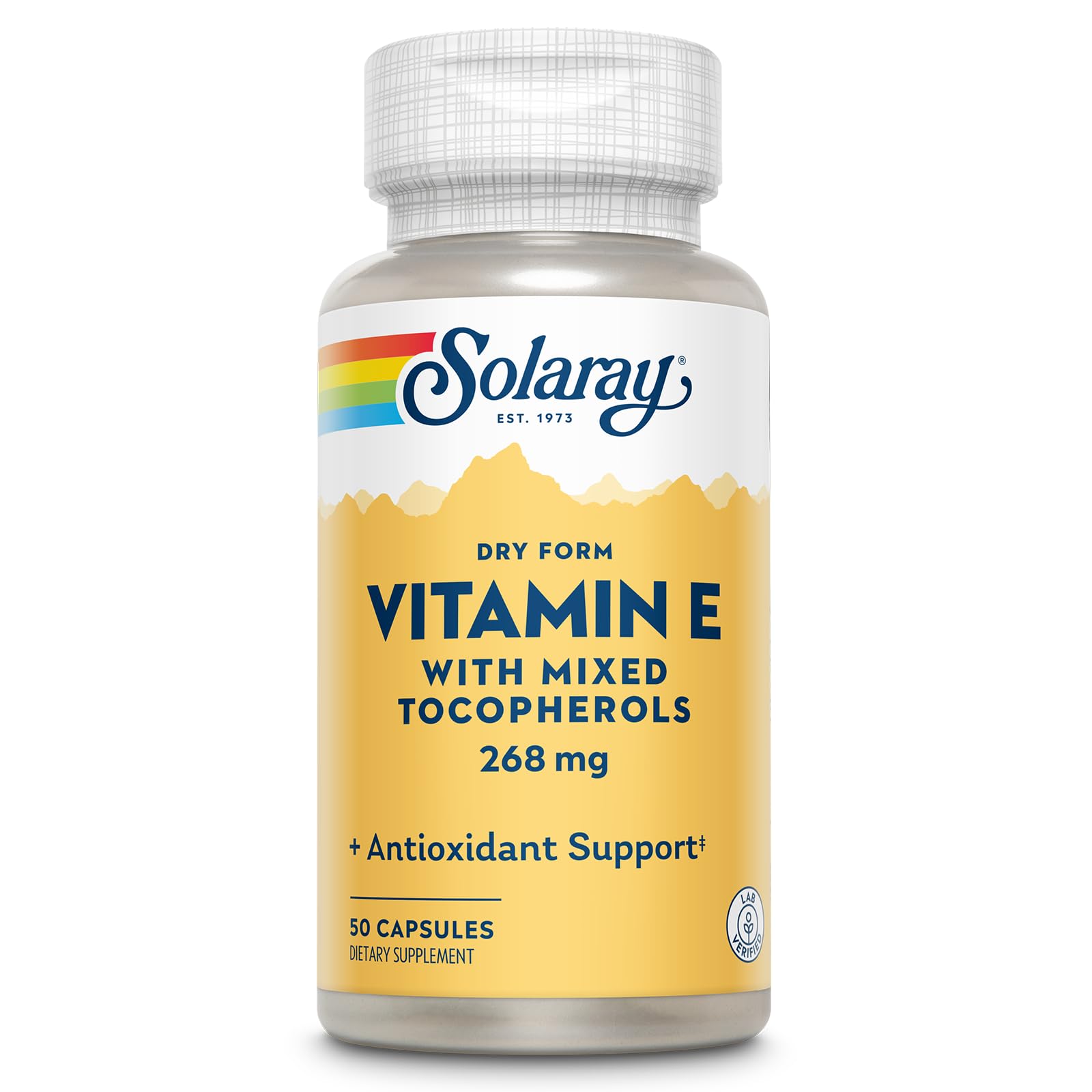 SOLARAY Vitamin E 400 IU dry-form capsules with mixed tocopherols for antioxidant support and gentle digestion.