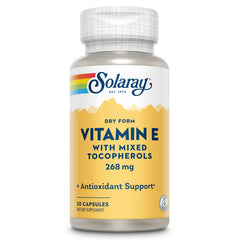 SOLARAY Vitamin E 400 IU dry-form capsules with mixed tocopherols for antioxidant support and gentle digestion.