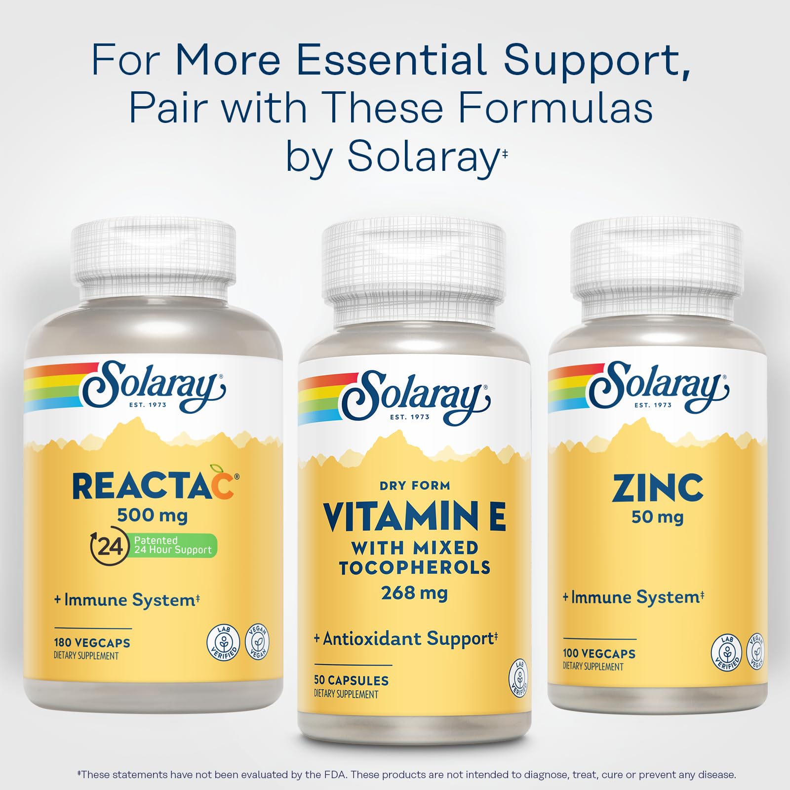 SOLARAY Vitamin E eco-friendly bottle highlighting sustainability and value.