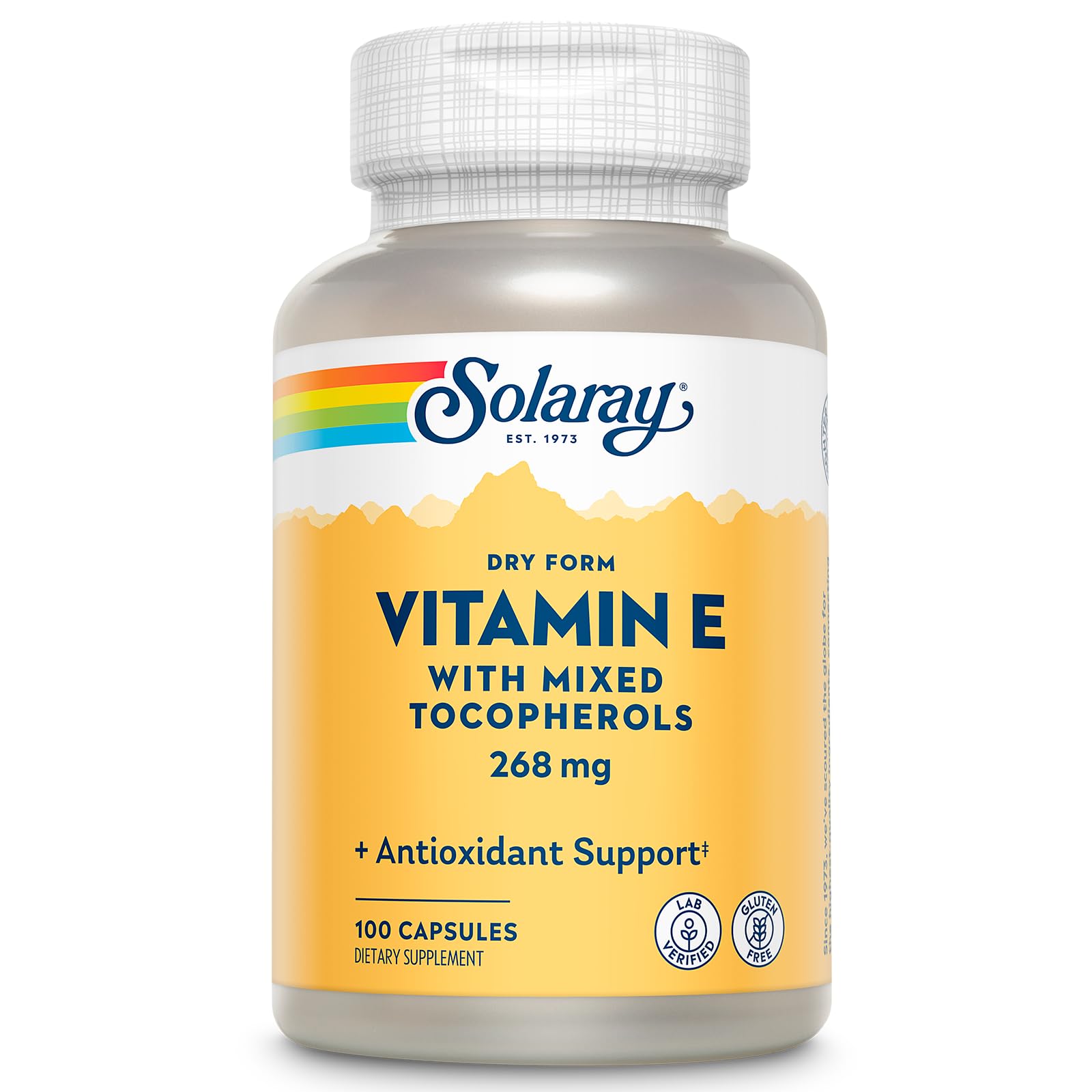 SOLARAY Vitamin E 400 IU bottle with oil-free capsules for gentle digestion