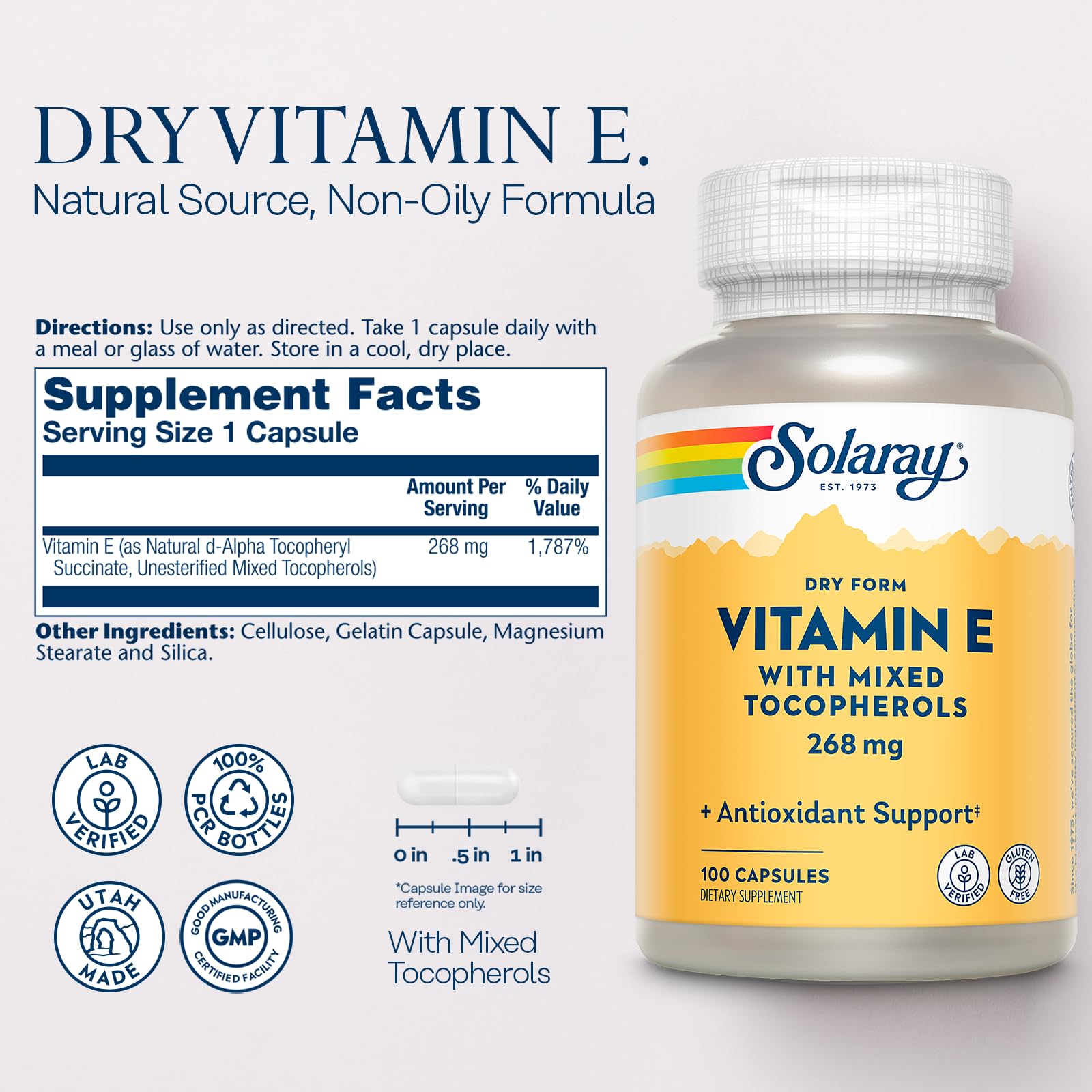 SOLARAY capsules close-up showing natural source Vitamin E with mixed tocopherols