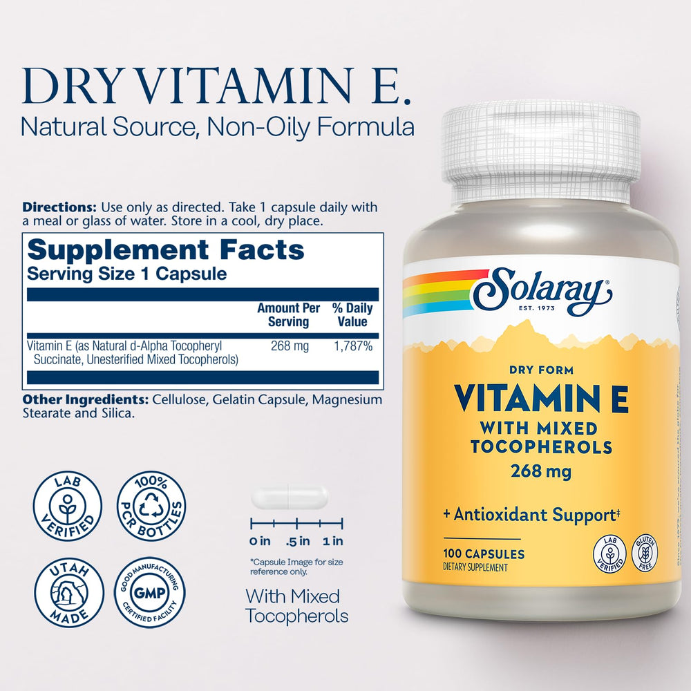 SOLARAY capsules close-up showing natural source Vitamin E with mixed tocopherols
