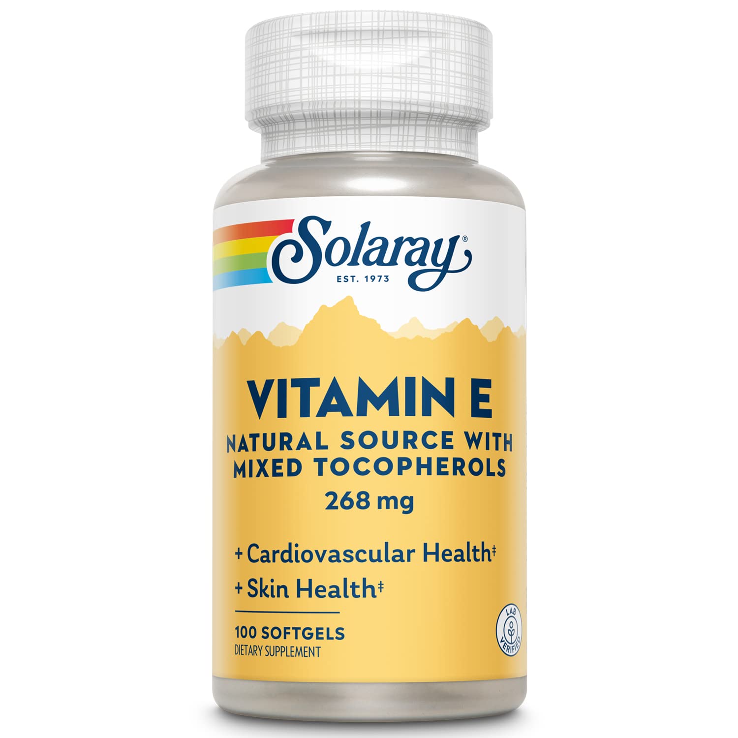 SOLARAY Vitamin E bottle front with softgels for daily antioxidant support