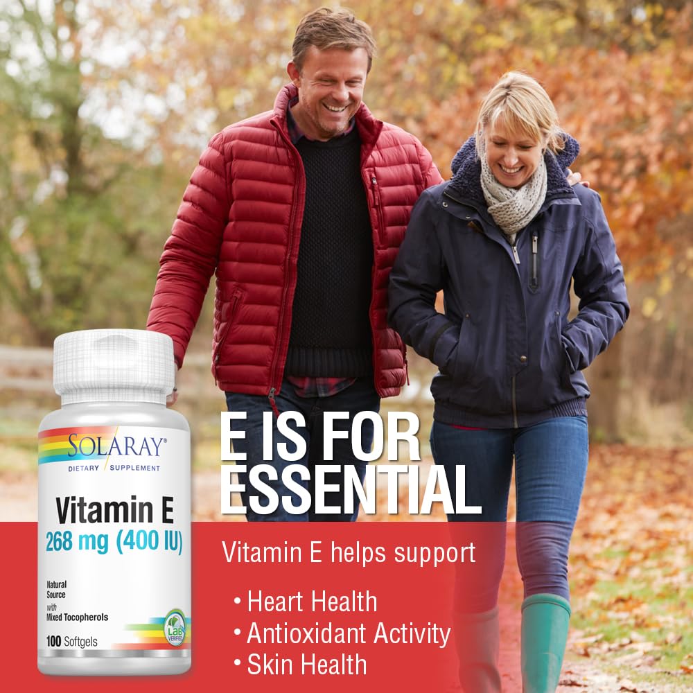 SOLARAY Vitamin E bottle in skincare setting for daily use