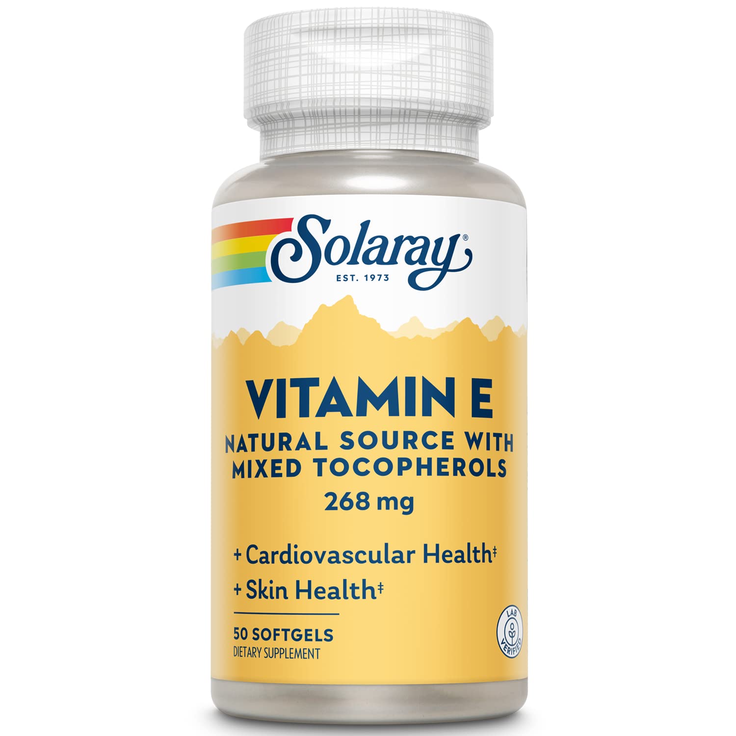 SOLARAY Vitamin E d-Alpha Tocopherol 268 mg bottle highlights heart and skin support.