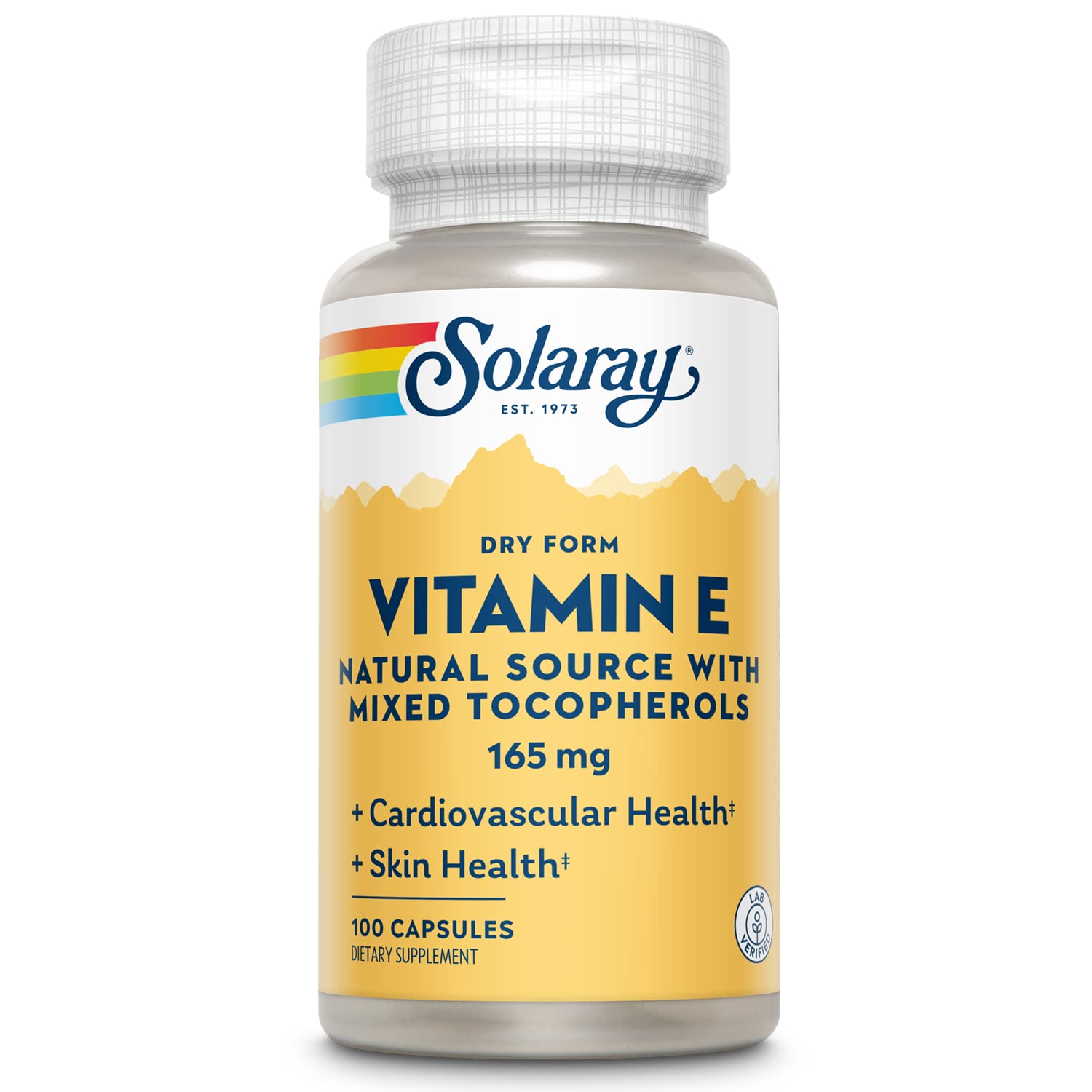 SOLARAY Vitamin E 200 IU bottle highlighting a dry, non-oily formula for easy digestibility.