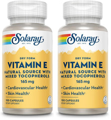 SOLARAY Vitamin E Dry 200 IU bottle shows non-oily capsules for easy digestion