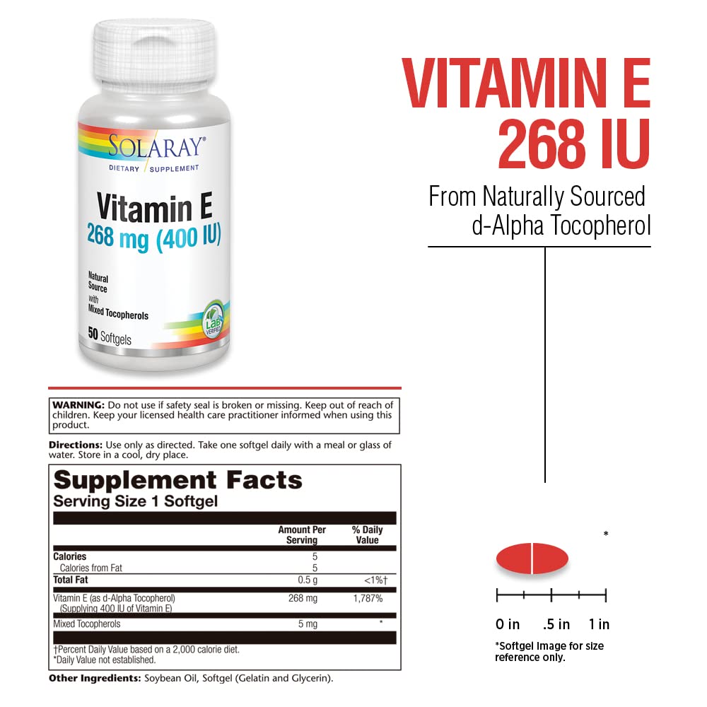 SOLARAY Vitamin E label detail shows natural source of d-Alpha Tocopherol.