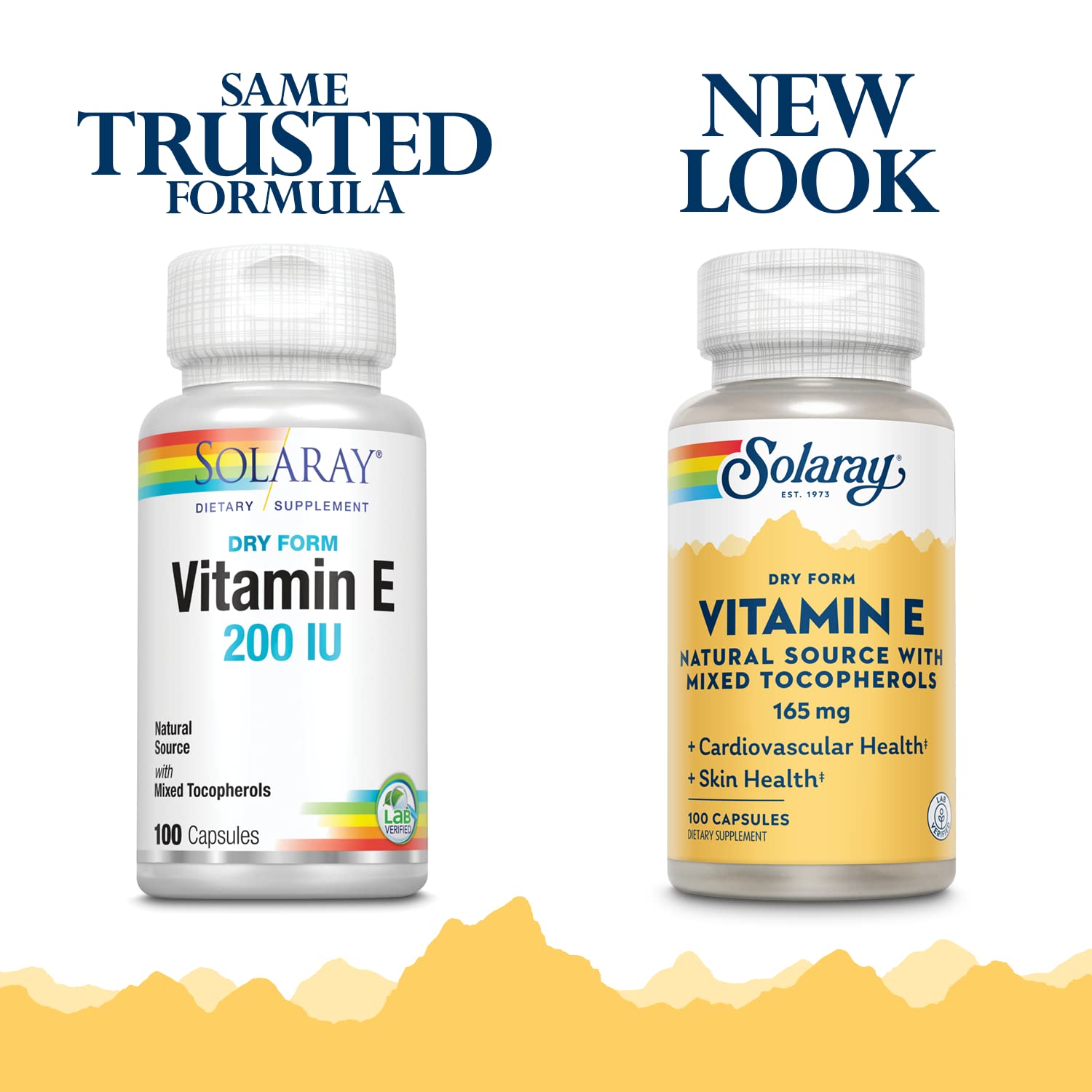 SOLARAY Vitamin E with mixed tocopherols bottle emphasizing antioxidant support.