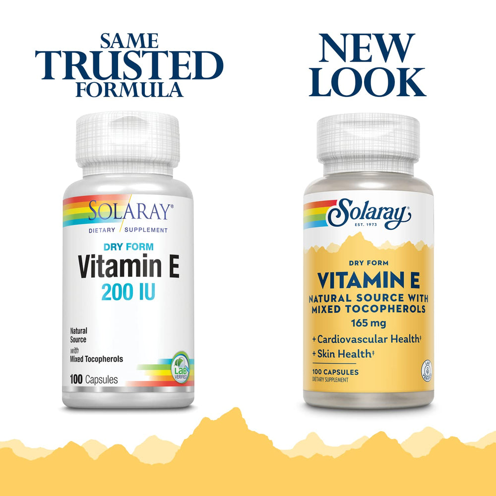 SOLARAY Vitamin E with mixed tocopherols bottle emphasizing antioxidant support.