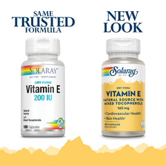 SOLARAY Vitamin E with mixed tocopherols bottle emphasizing antioxidant support.