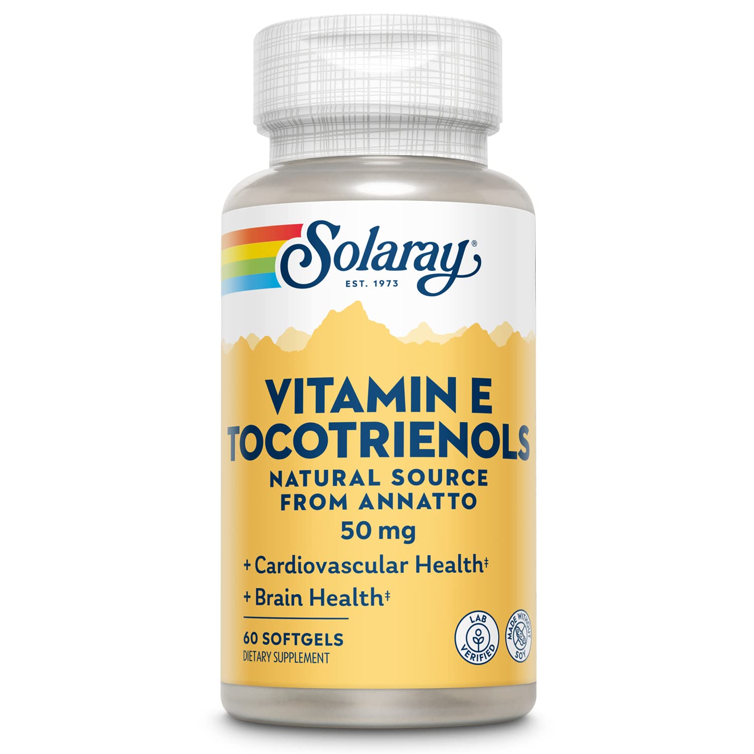 SOLARAY Vitamin E Tocotrienols bottle front showing annatto-derived tocotrienols for brain support.