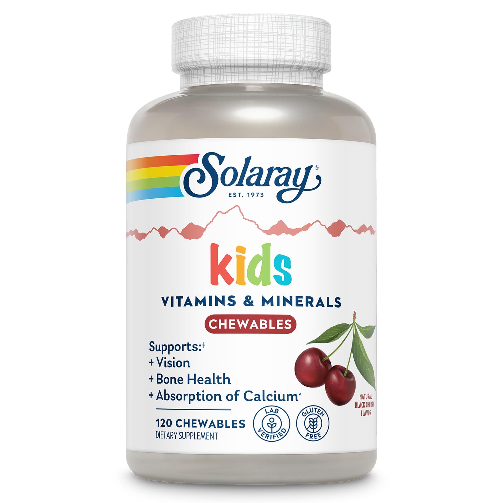 SOLARAY vitaminas para niños, vista frontal de la botella, apoyo diario de nutrición.