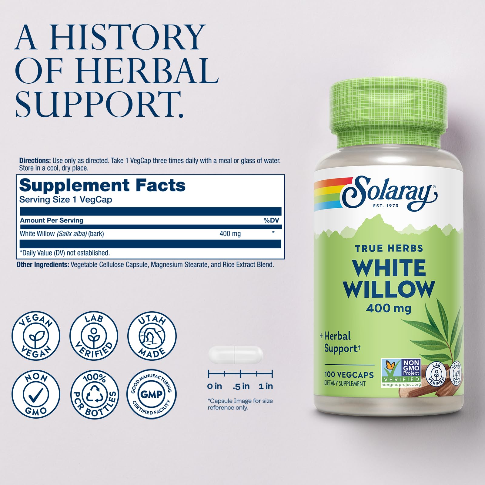 Close-up of Solaray White Willow Bark 400mg serving showing per-serving strength.