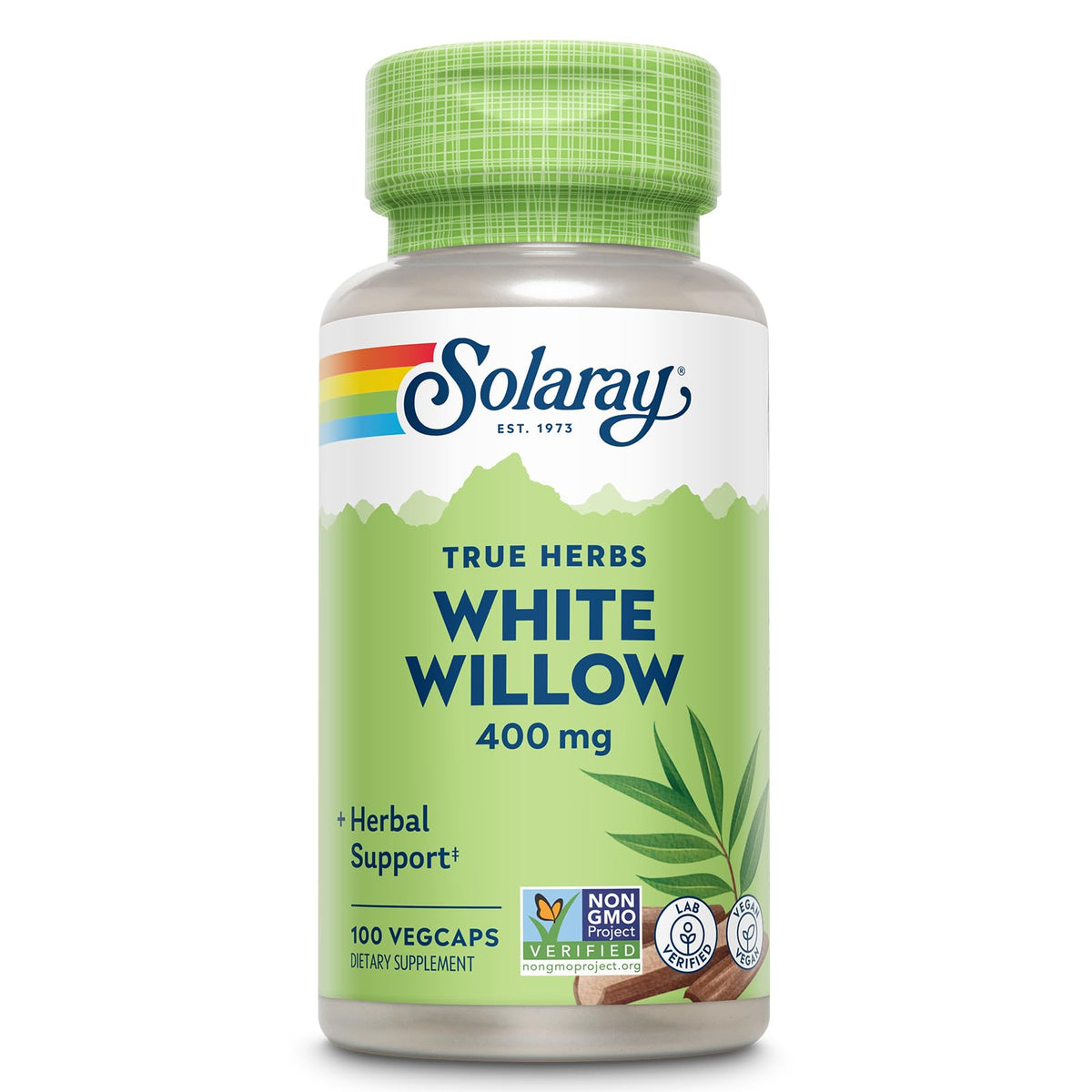 Solaray White Willow Bark capsules bottle for daily wellness support.