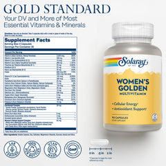 Solaray Women's Golden Multivitamin capsules closeup for easy daily nutrition.