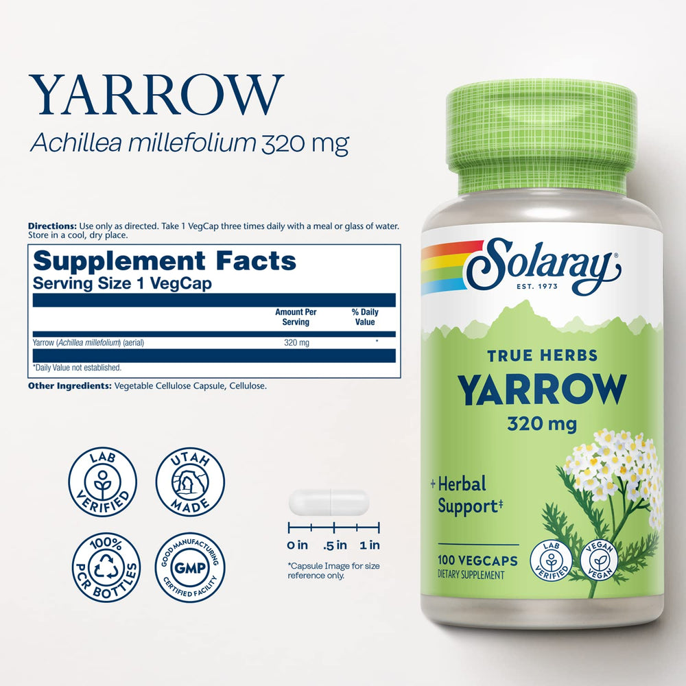 SOLARAY Yarrow capsules close-up highlighting vegan, non-GMO formula