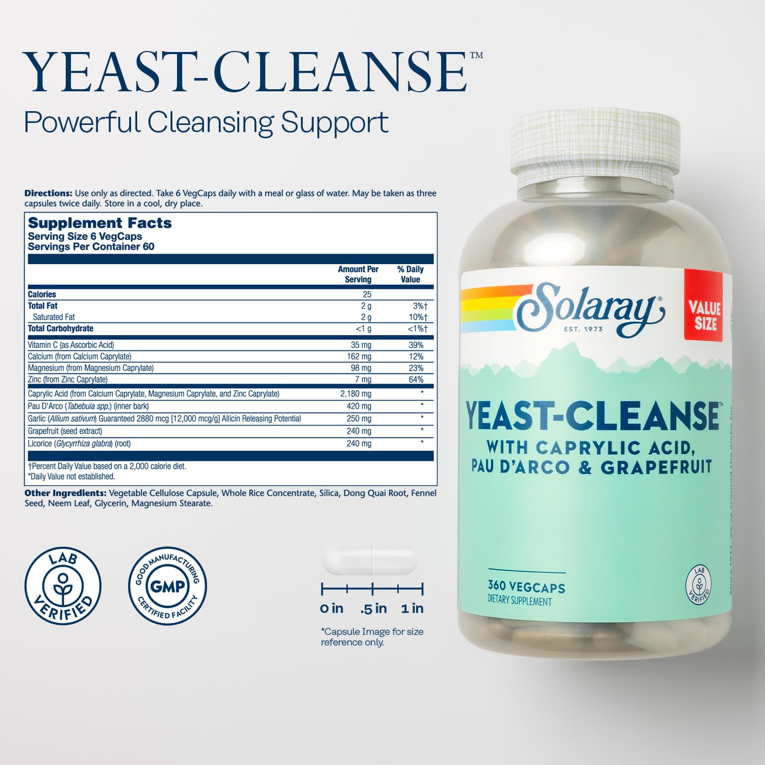 SOLARAY Yeast Cleanse bottle-label close-up highlighting key ingredients.
