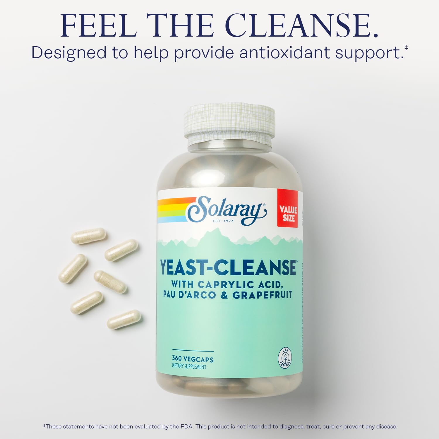 SOLARAY Yeast Cleanse capsules-closeup emphasizing convenient six-capsule daily regimen.