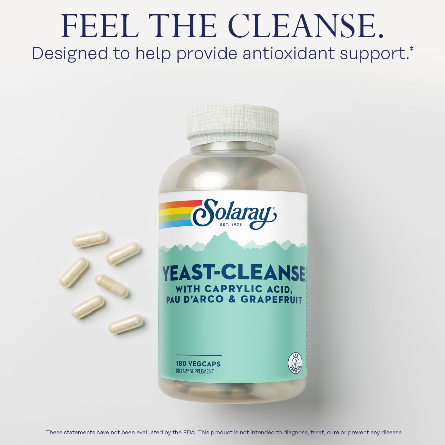 Solaray Yeast-Cleanse capsules on a clean surface, easy-to-take.