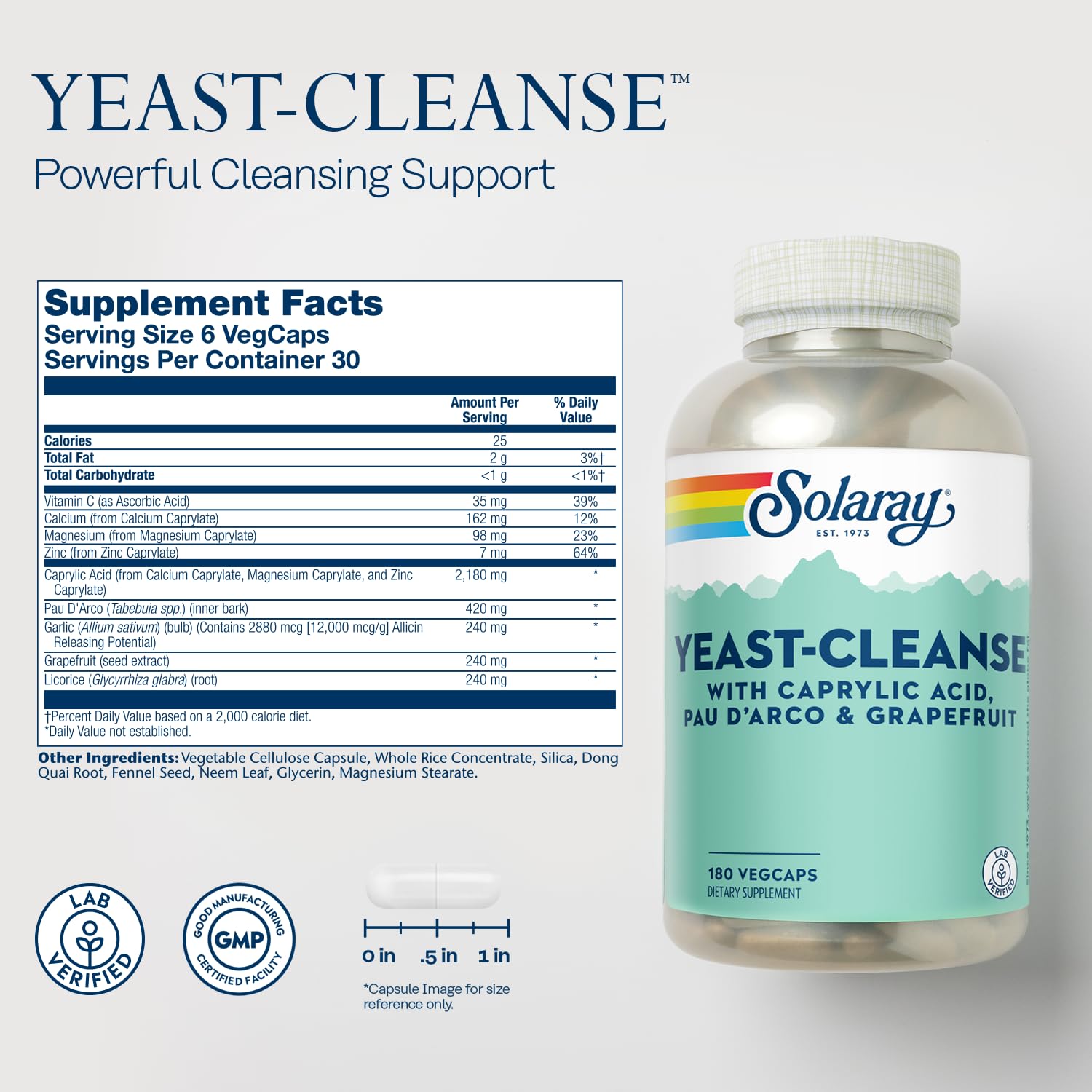 Solaray Yeast-Cleanse label close-up showing vegetarian capsule format.